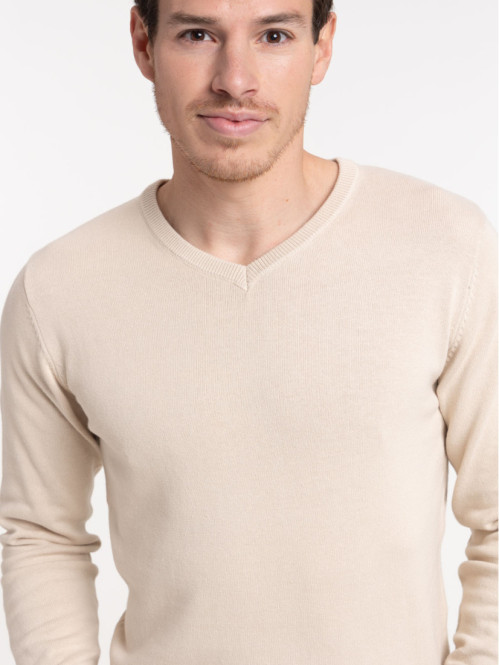 Pull beige col V homme
