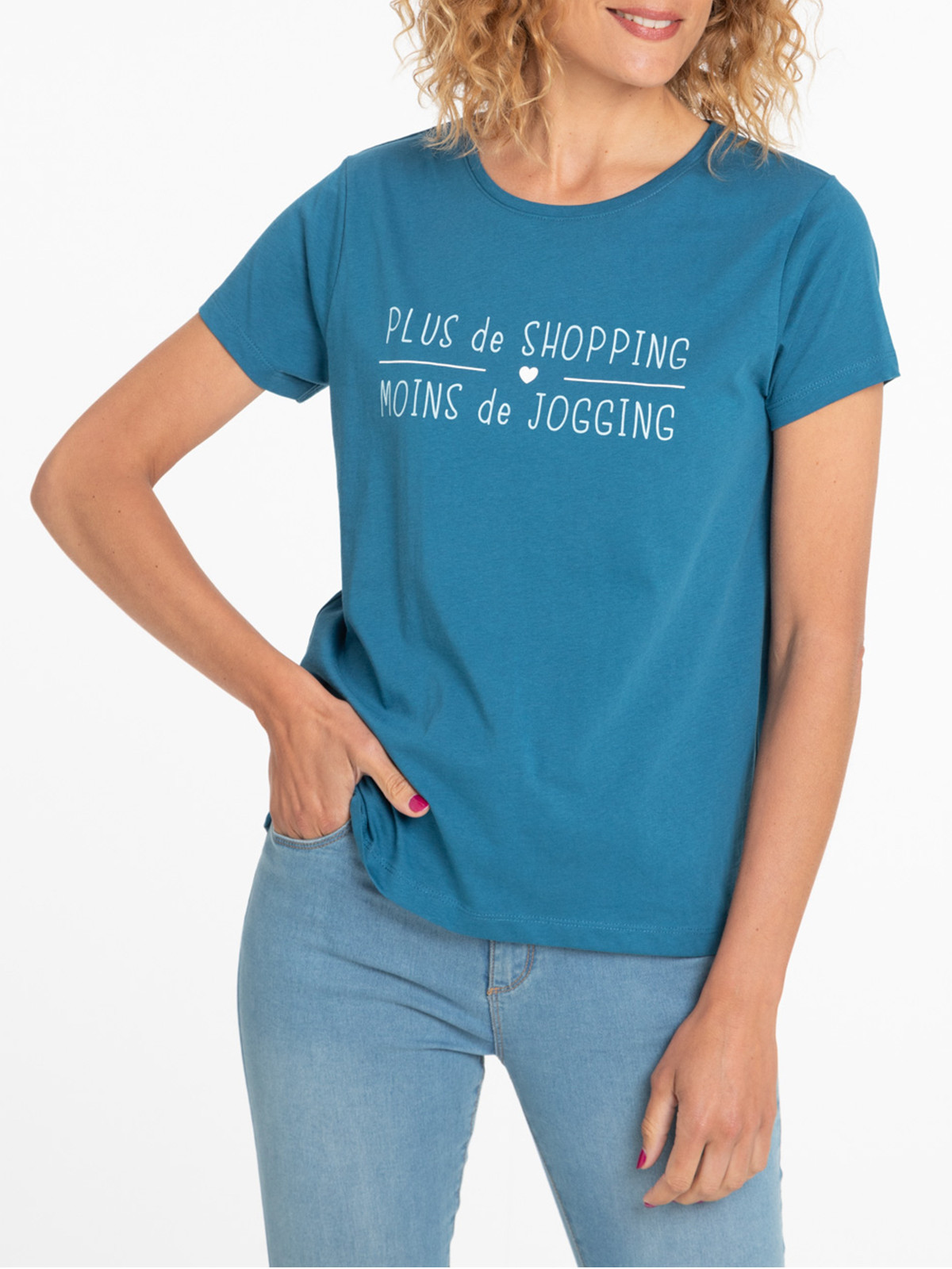 T-shirt à message bleu paon femme