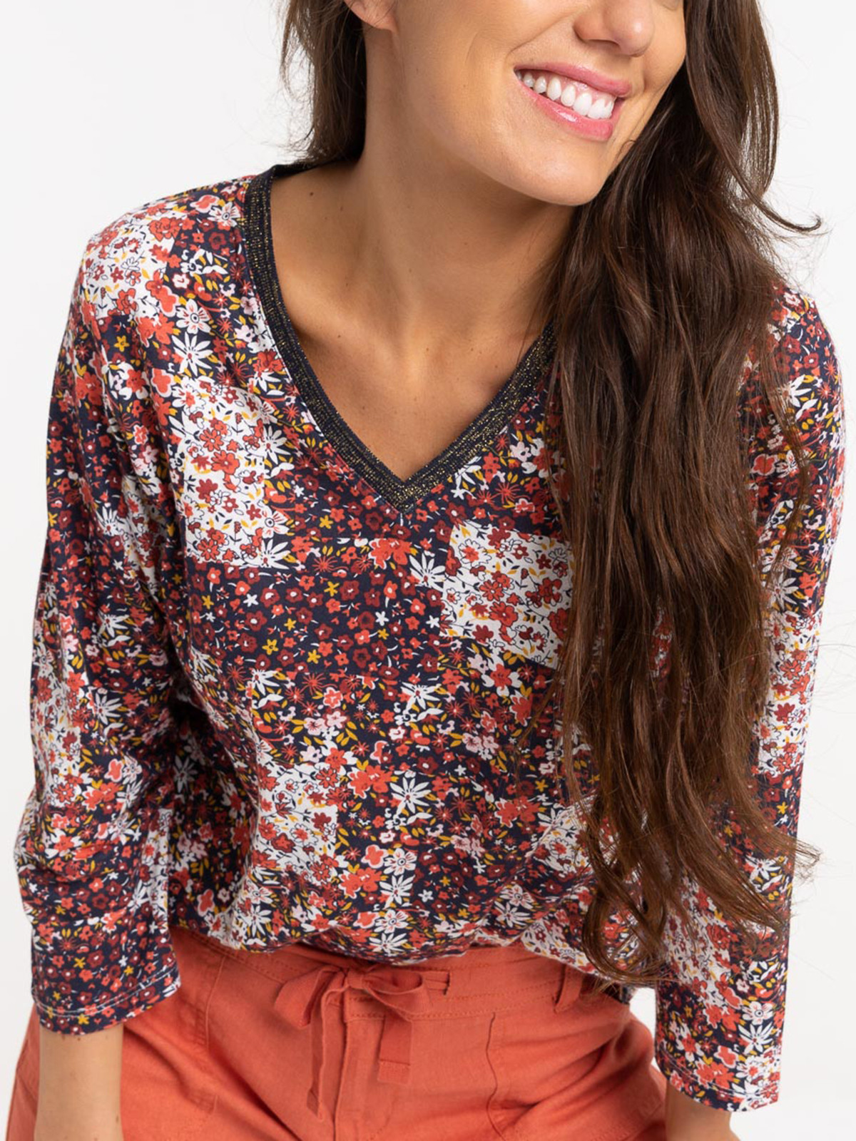 T-shirt fleuri Col V femme