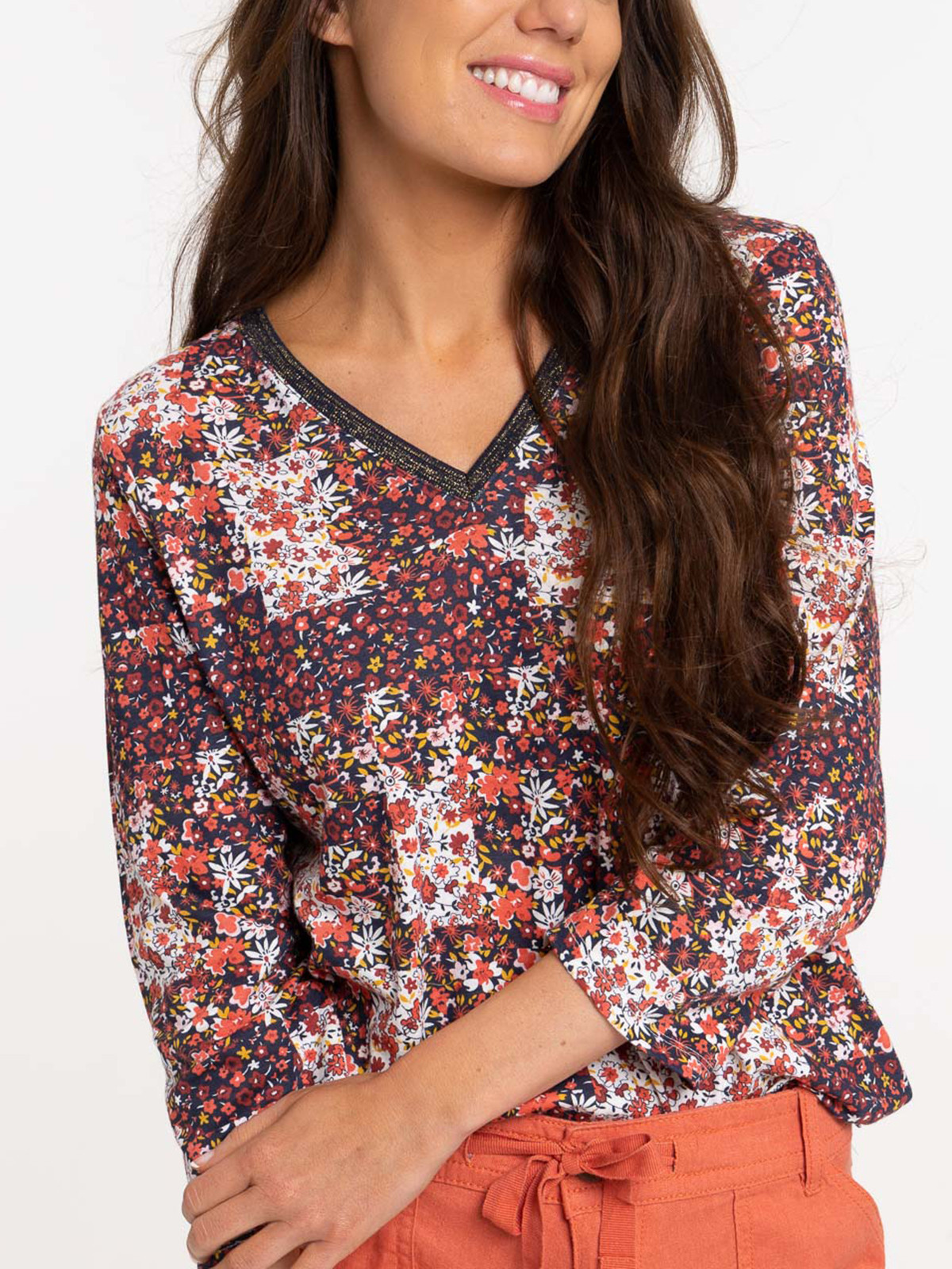 T-shirt fleuri Col V femme