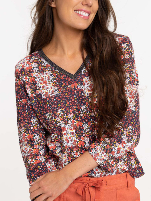 T-shirt fleuri Col V femme