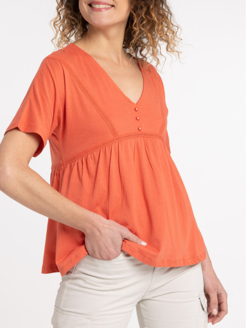 T-shirt col V orange sienne...