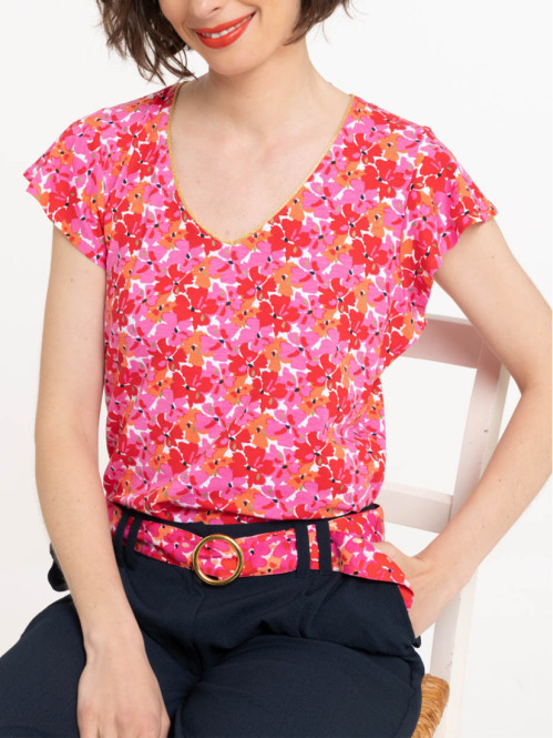 T-shirt fleuri col V femme