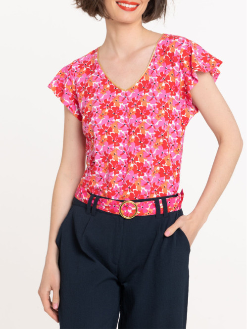 T-shirt fleuri col V femme