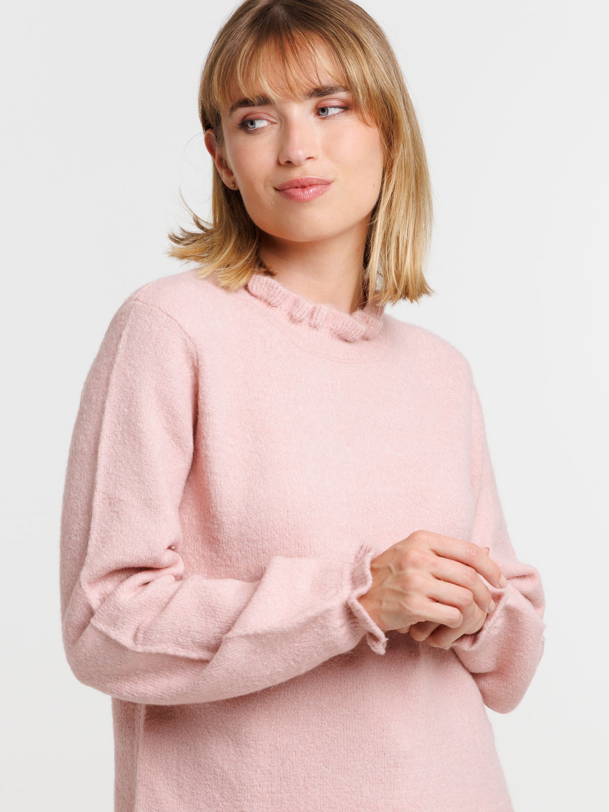 Pull détails volantés quartz rose femme Pull détails volantés quartz rose femme