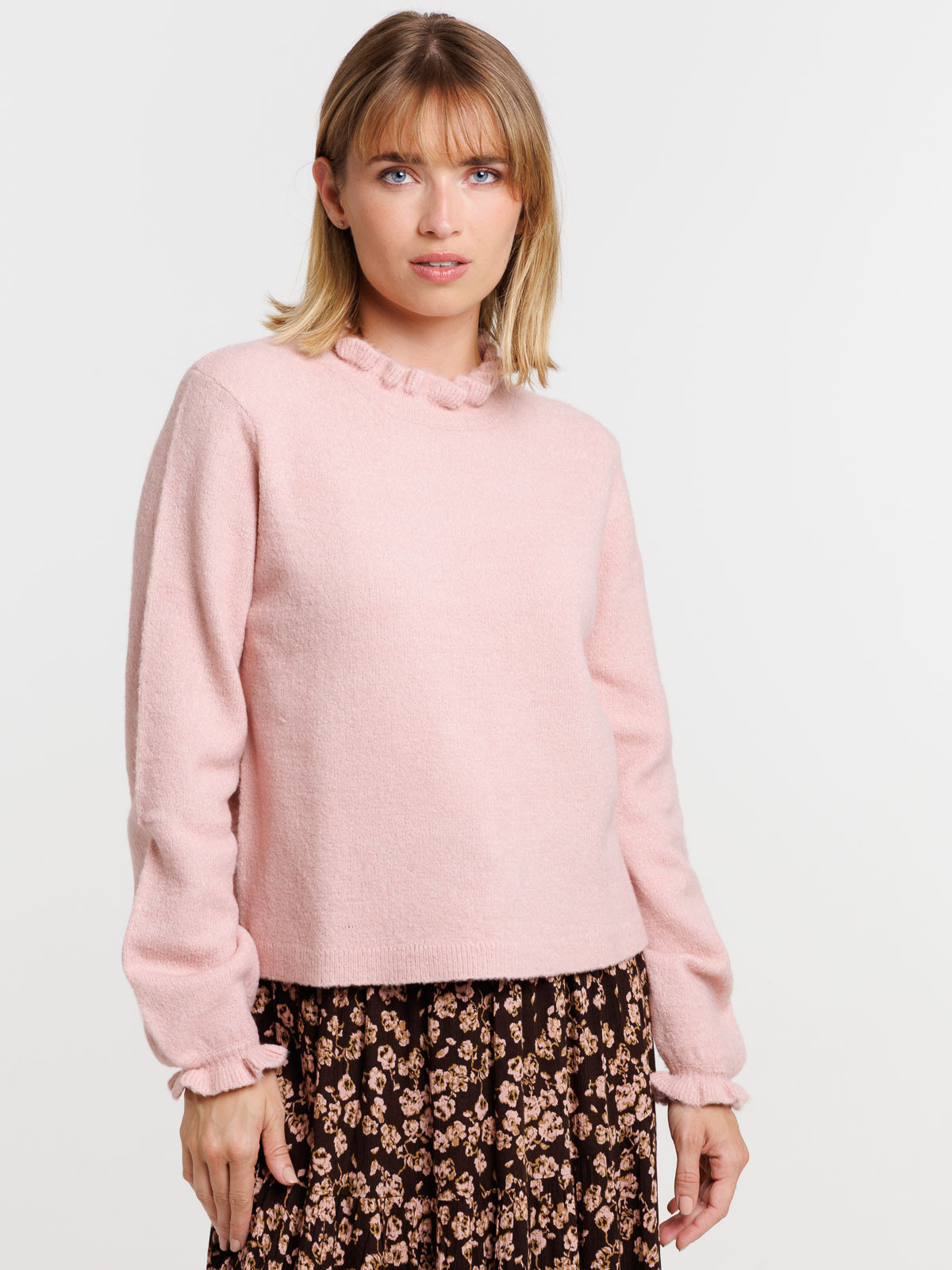 Pull détails volantés quartz rose femme Pull détails volantés quartz rose femme