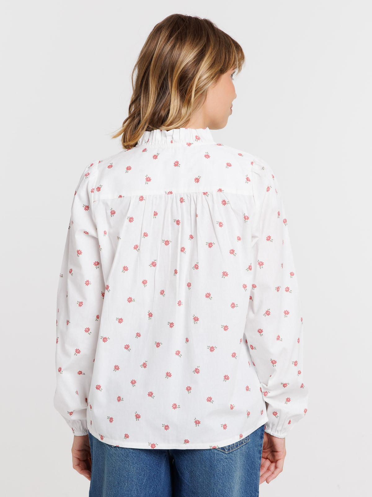 Chemise col montant volant fleurie femme
