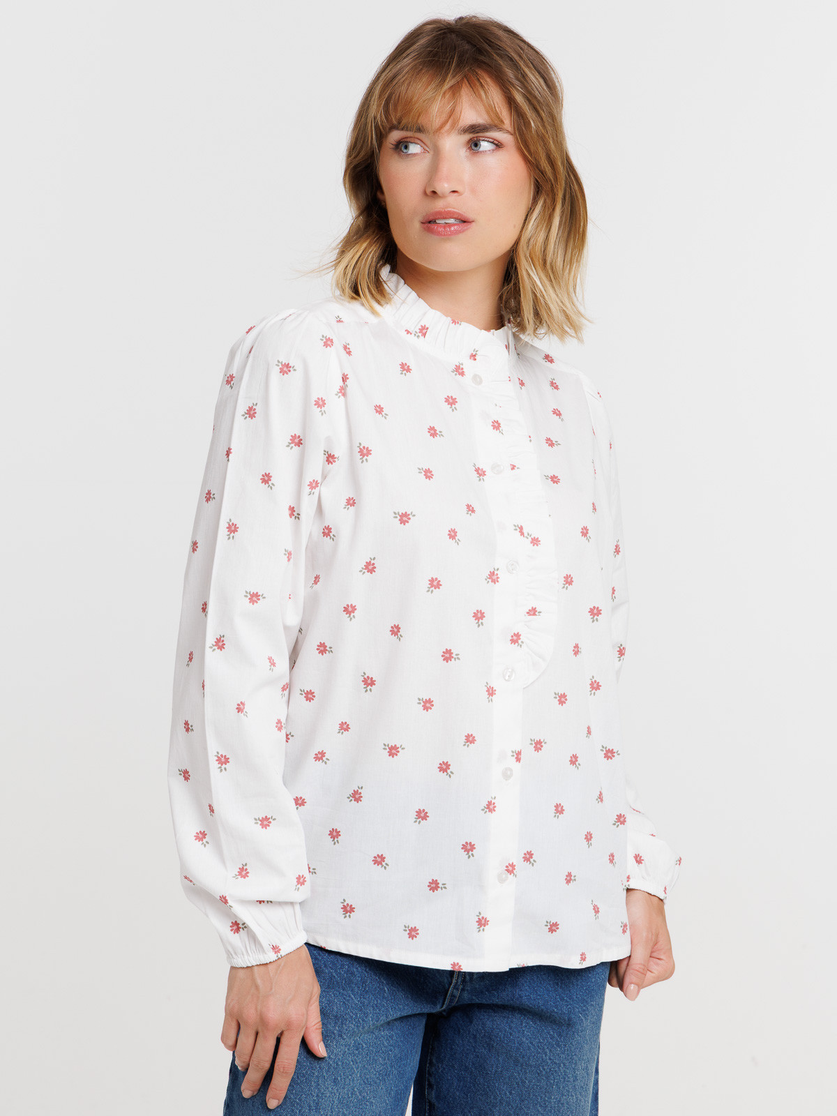Chemise col montant volant fleurie femme
