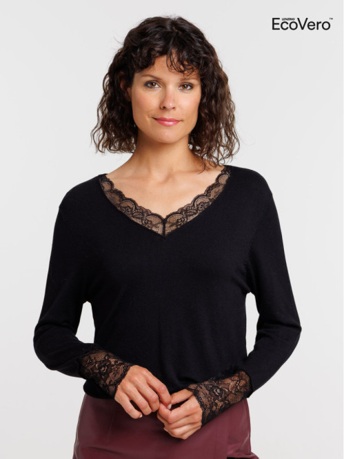 Pull noir poignets en dentelle femme
