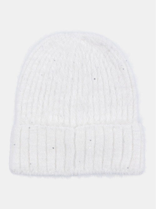 Bonnet sequins pompon écru...