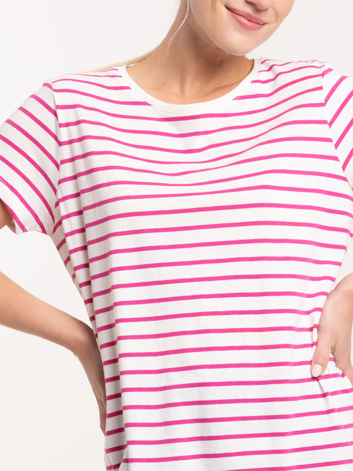 Tee-shirt écru rayé fushia femme