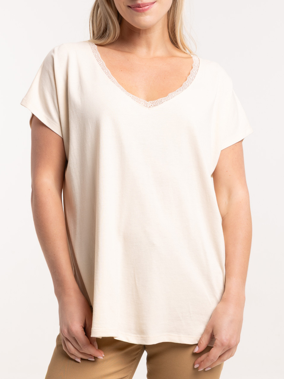 Tee-shirt linen col V dentelle femme Tee-shirt linen col V dentelle femme