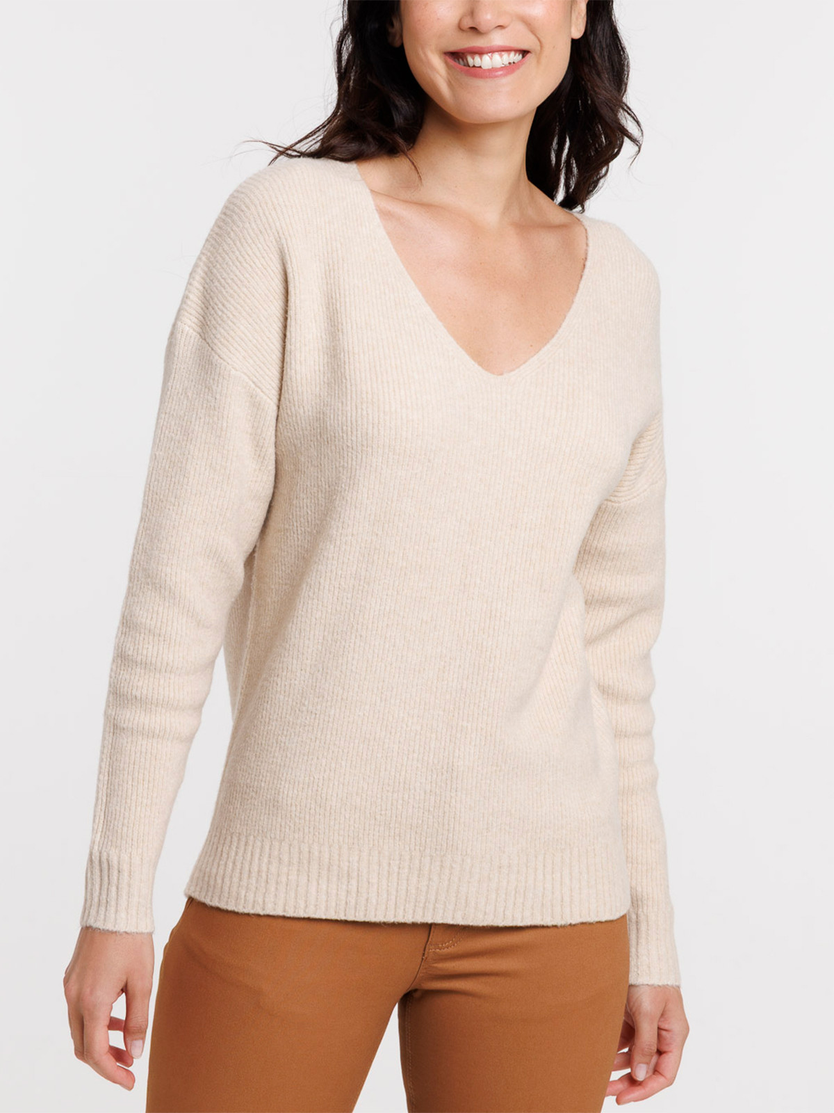 Pull col V beige grisé femme