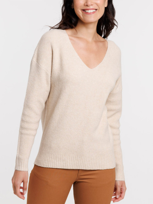 Pull col V beige grisé femme