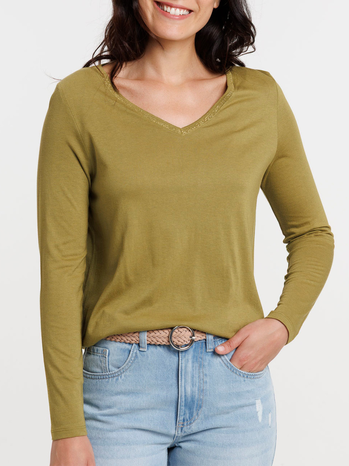 T-shirt col V manches longues femme