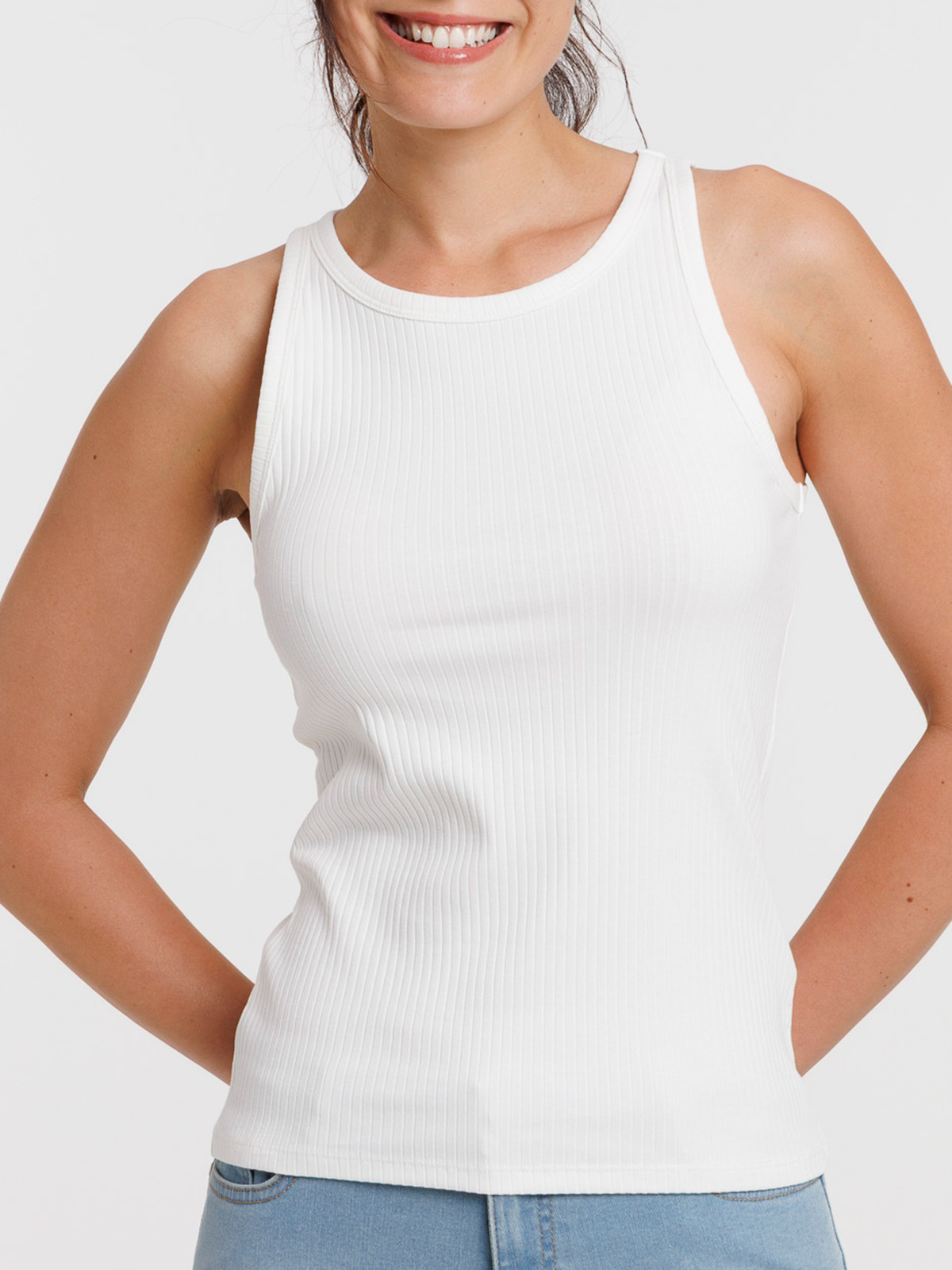 Débardeur côtelé blanc cassé femme