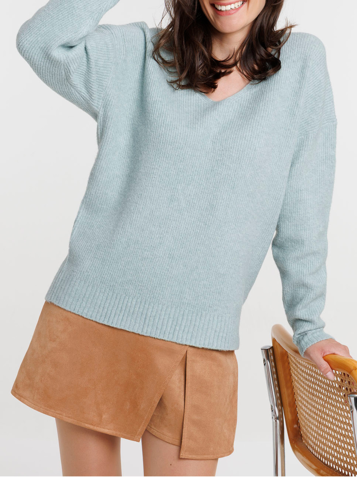Pull col V bleu glacier femme