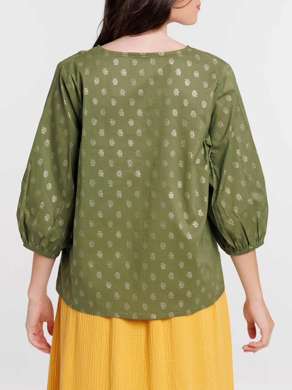Blouse motifs dorés kaki indien femme Blouse motifs dorés kaki indien femme