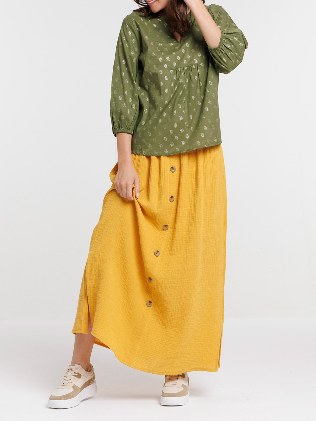 Blouse motifs dorés kaki indien femme Blouse motifs dorés kaki indien femme