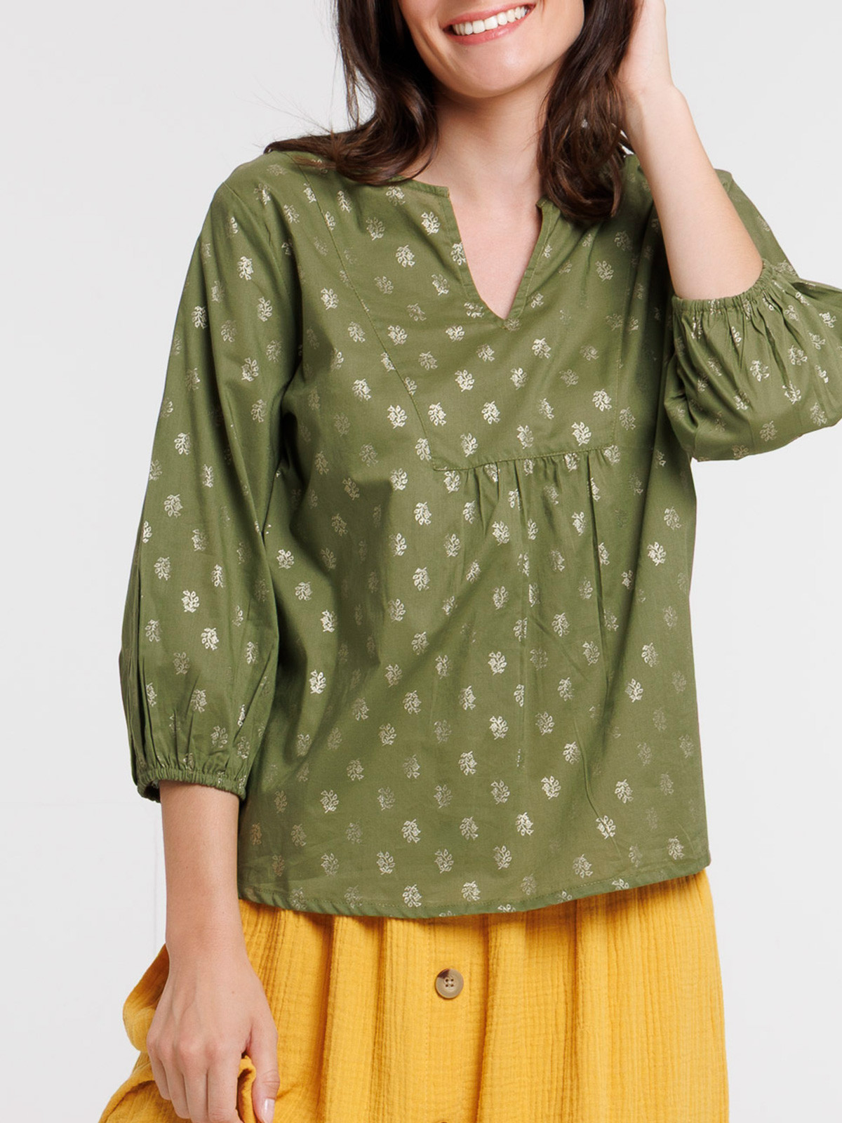 Blouse motifs dorés kaki indien femme Blouse motifs dorés kaki indien femme