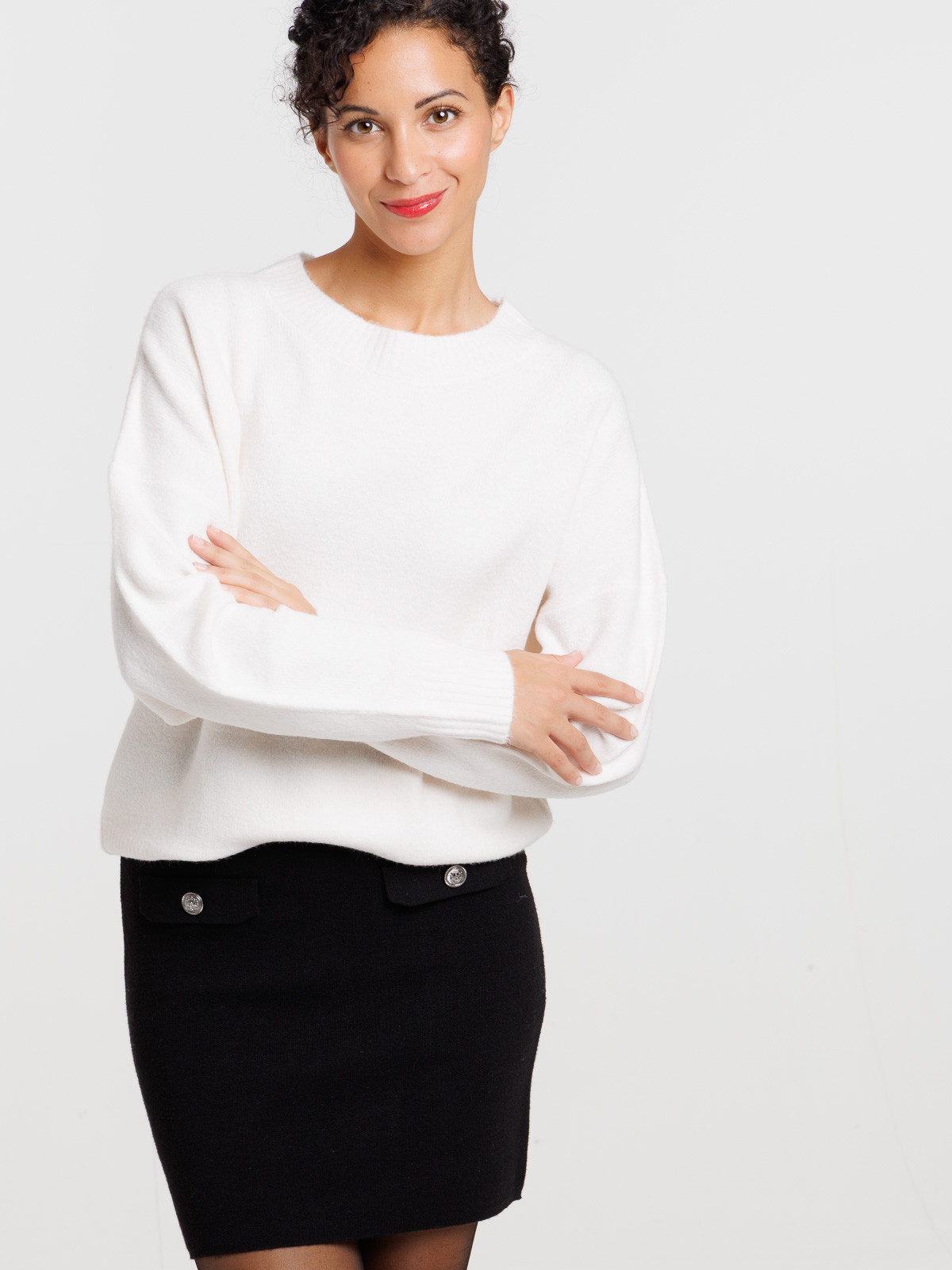 Pull col rond écru chiné basique femme Pull col rond écru chiné basique femme