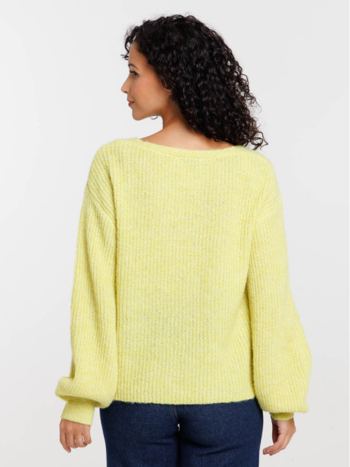 Pull col V golden green femme