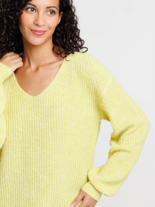 Pull col V golden green femme