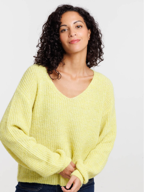 Pull col V golden green femme
