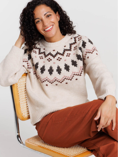 Pull jacquard col rond femme