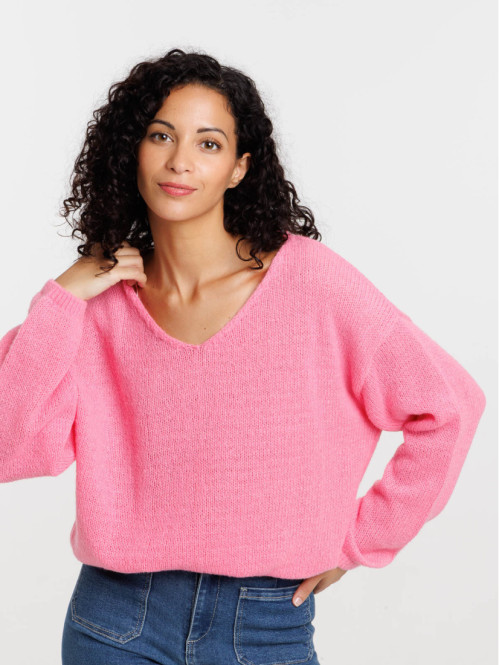 Pull rose fluo basique col...