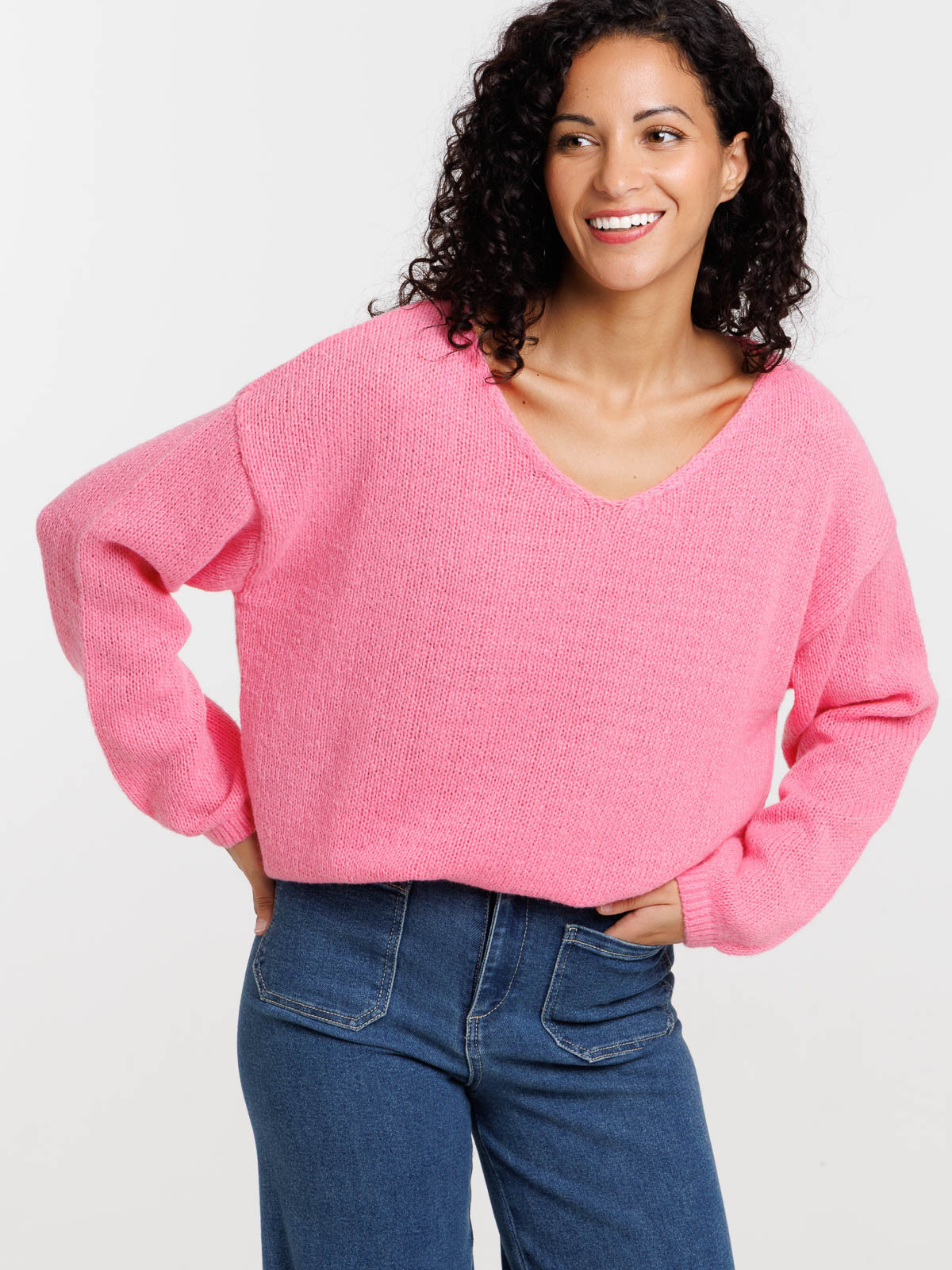 Pull rose fluo basique col V femme Pull rose fluo basique col V femme