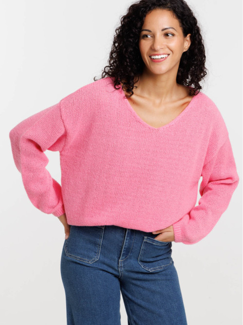 Pull rose fluo basique col...