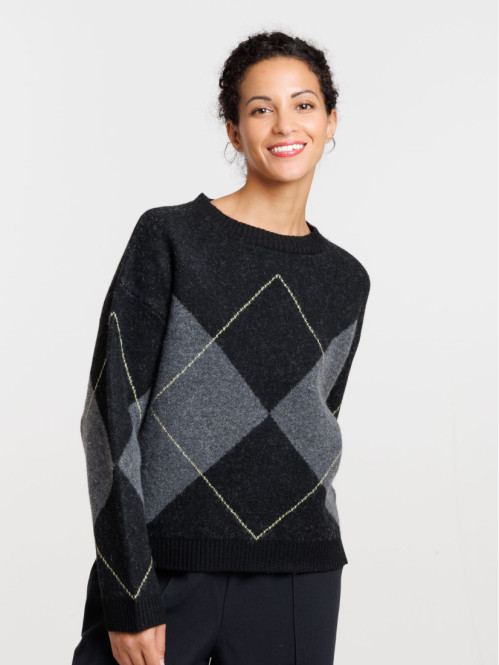 Pull à carreaux noir femme