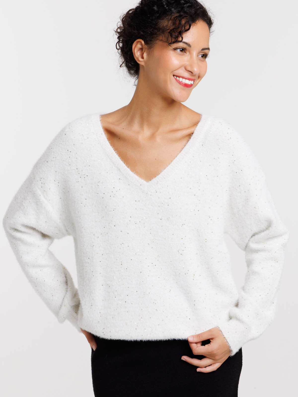 Pull écru brillant et sequins femme
