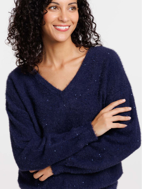 Pull femme col V brillant...