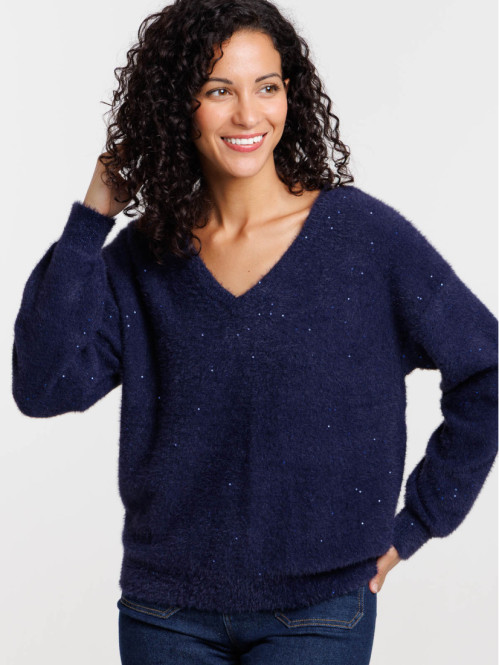 Pull femme col V brillant...