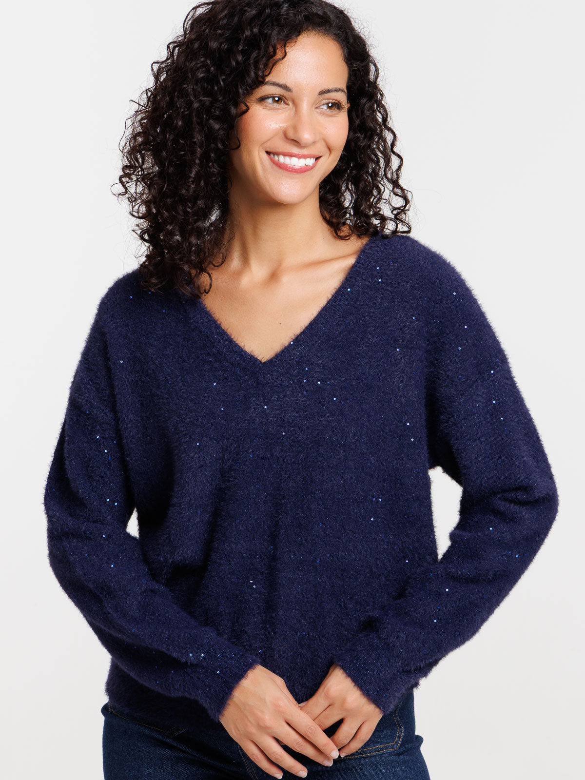 Pull femme col V brillant et sequins