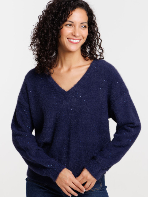 Pull femme col V brillant...