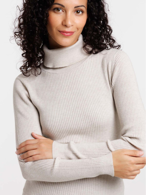 Pull basique col roulé beige chiné femme Pull basique col roulé beige chiné femme