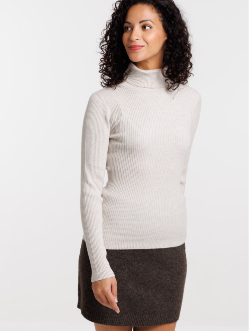 Pull basique col roulé beige chiné femme Pull basique col roulé beige chiné femme