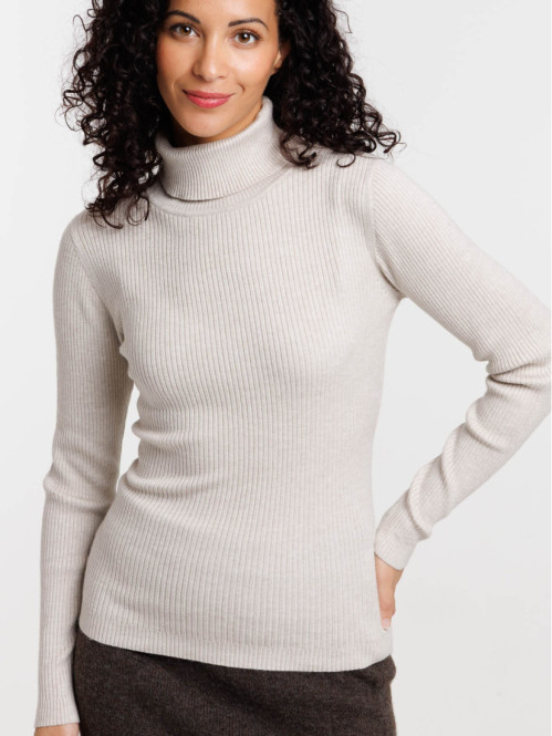 Pull basique col roulé beige chiné femme Pull basique col roulé beige chiné femme