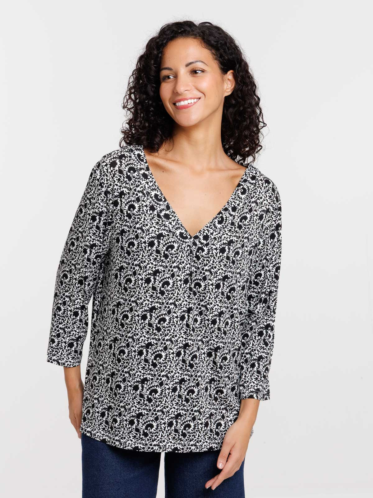 T-shirt col V motif floral femme