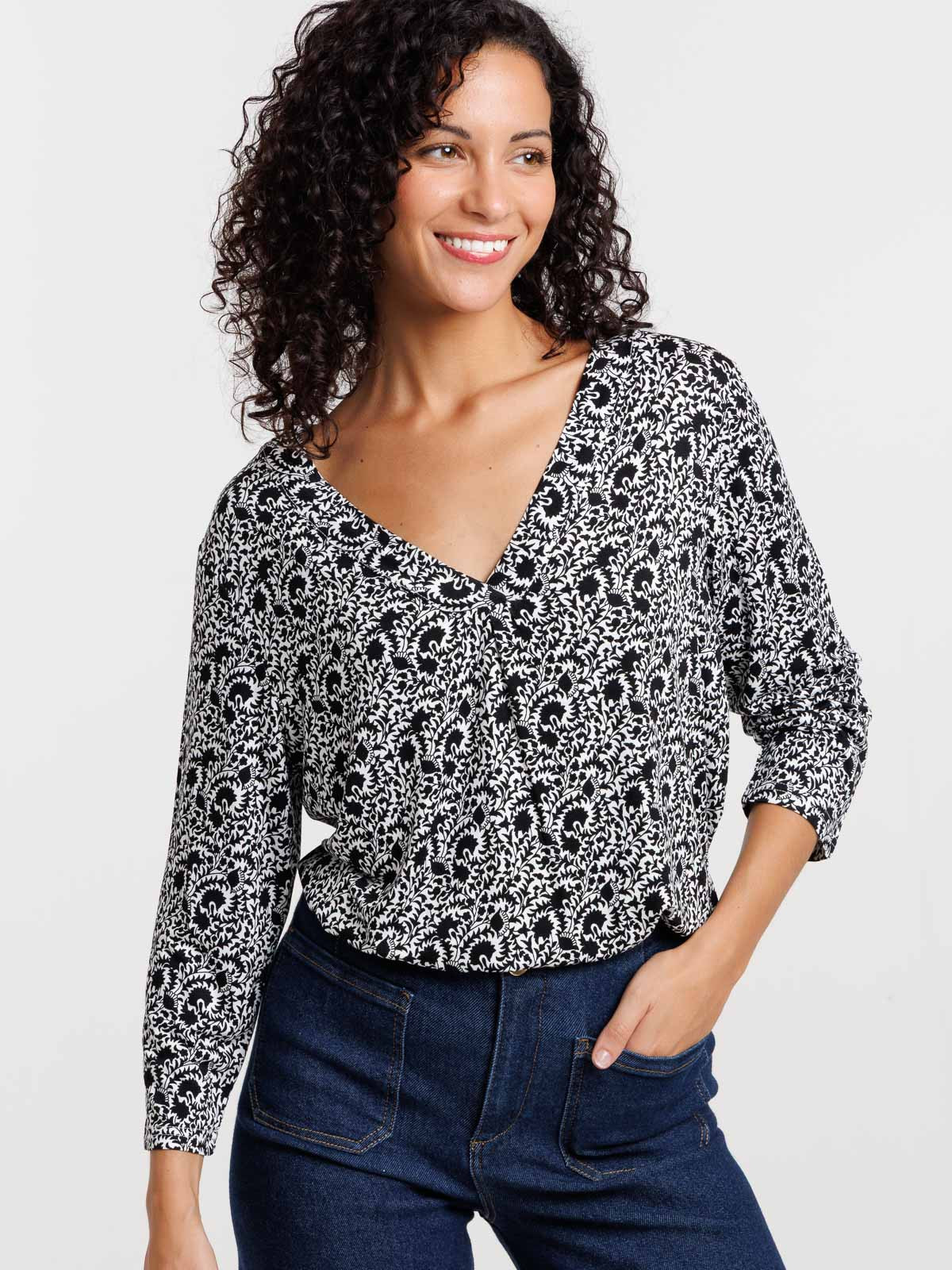 T-shirt col V motif floral femme