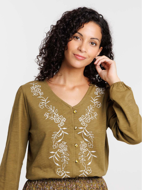 T-shirt brodé boutonné femme