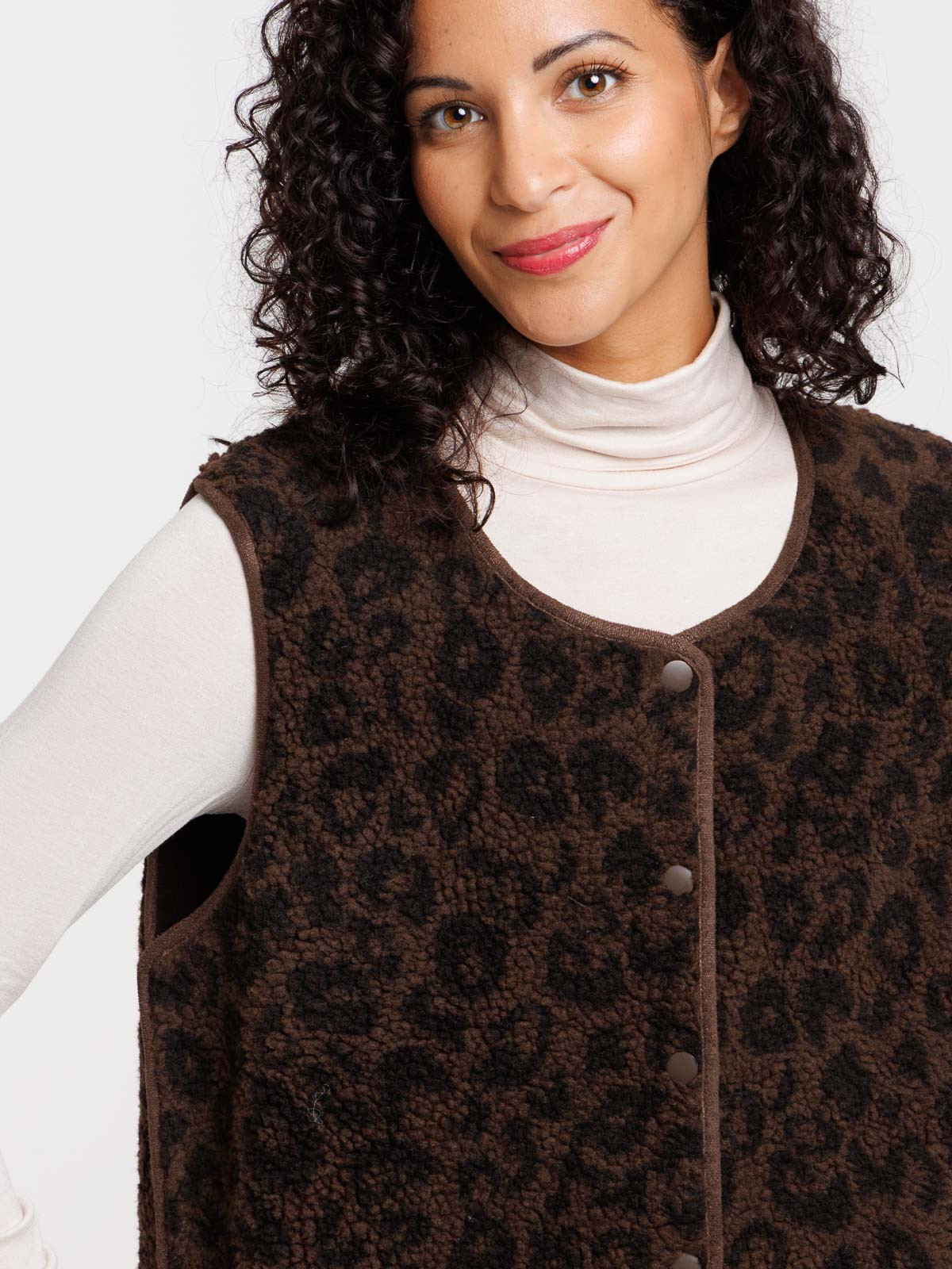 Veste sherpa sans manches léopard femme