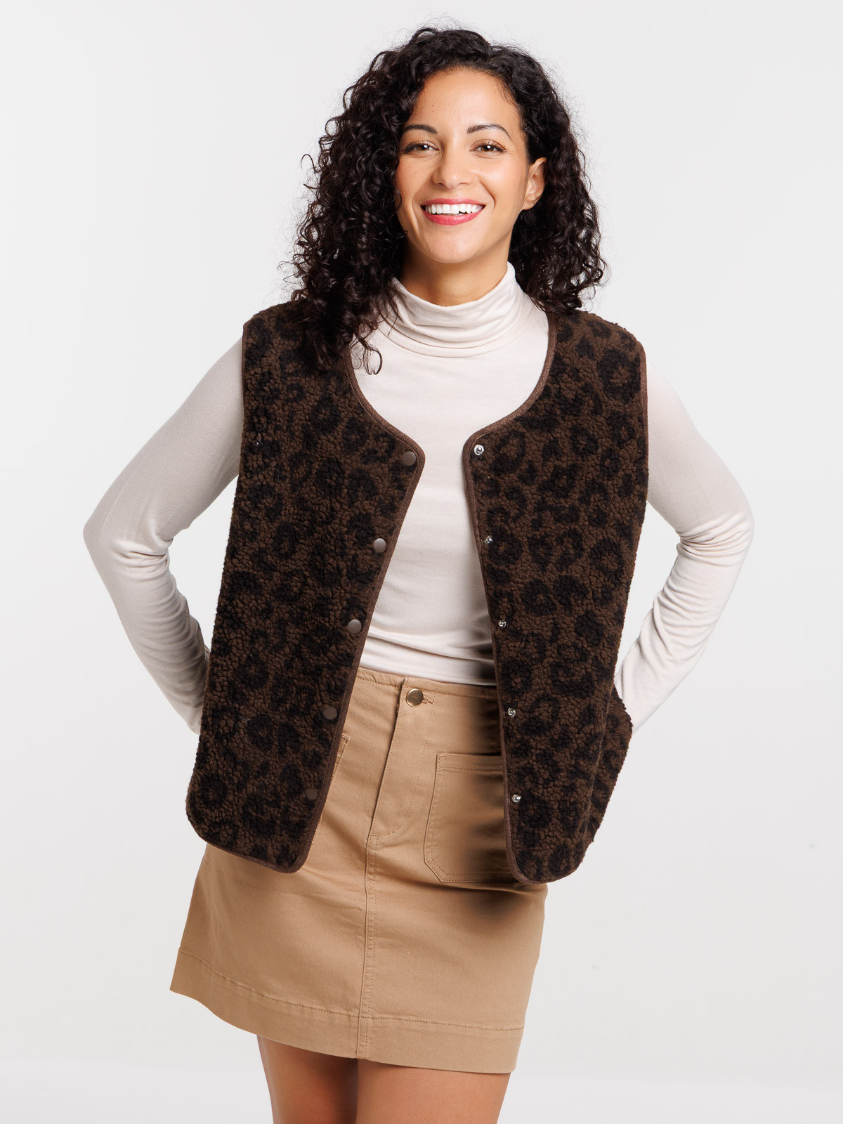 Veste sherpa sans manches léopard femme