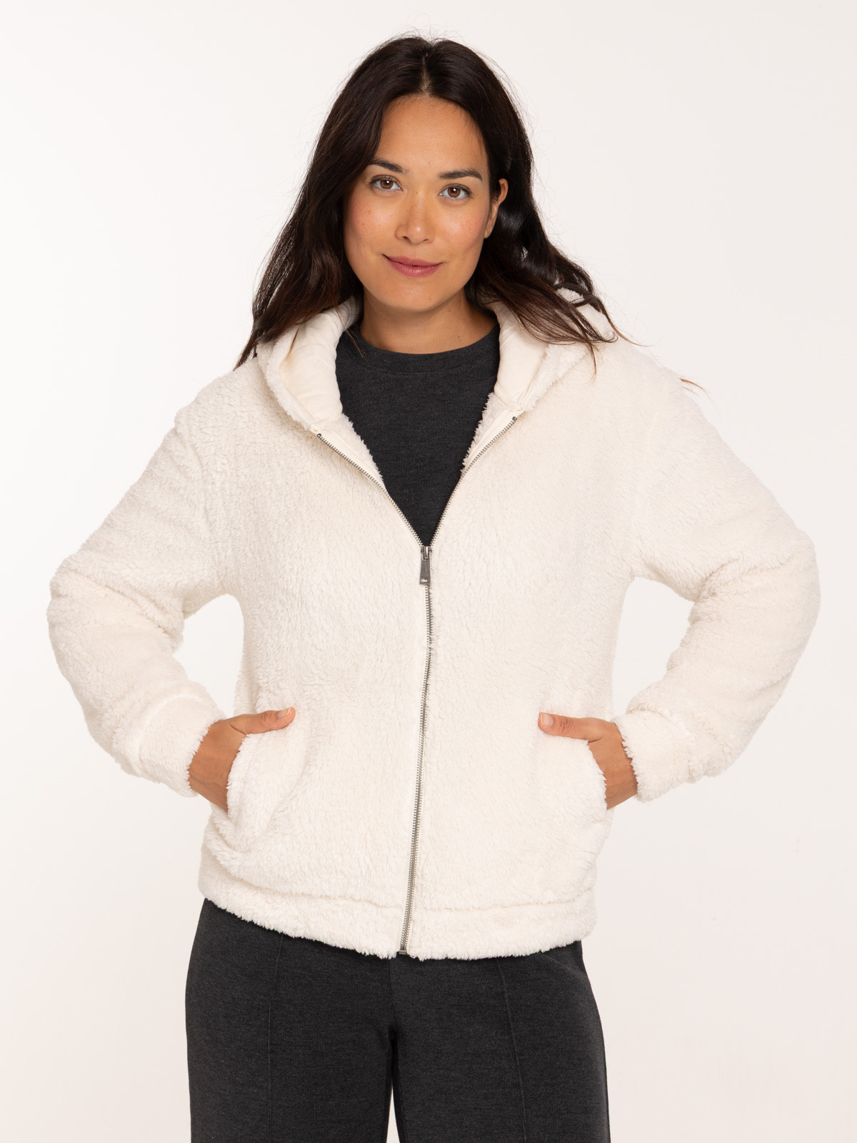 Sweat à capuche zippé doux écru femme Sweat à capuche zippé doux écru femme