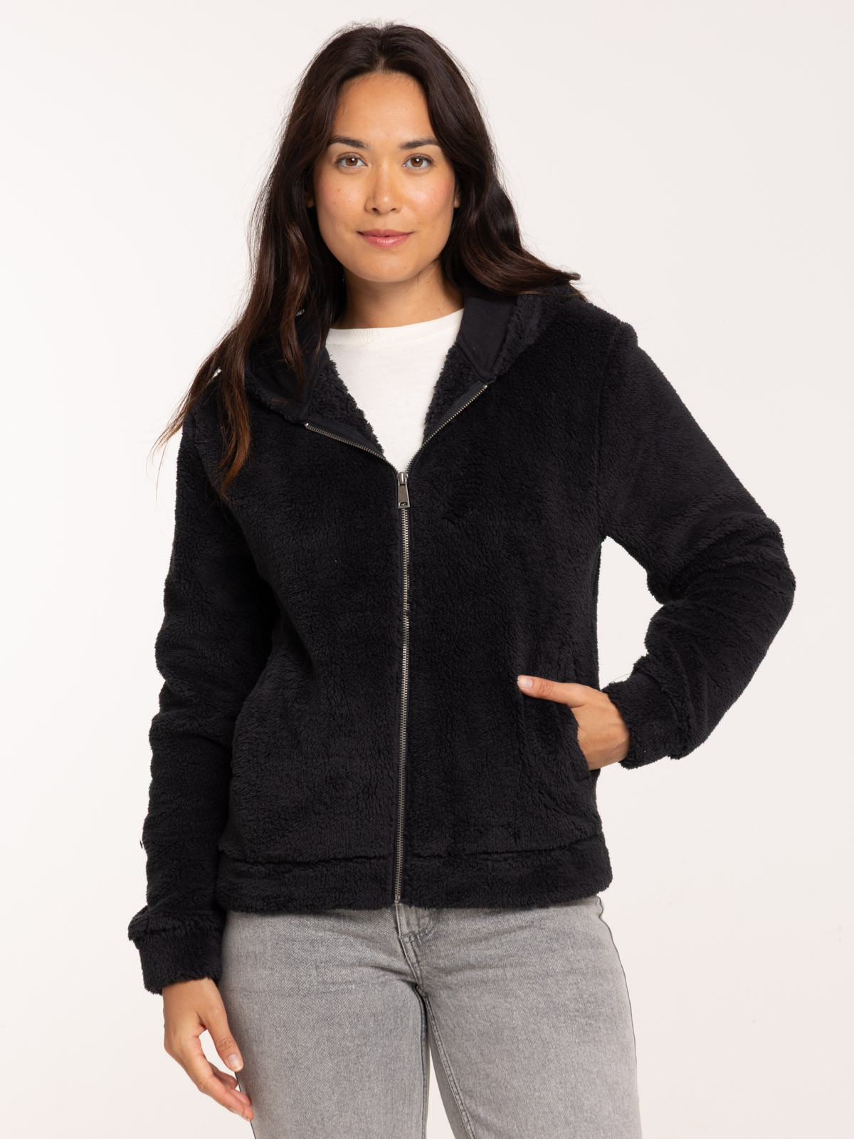 Sweat à capuche doux zippé noir femme Sweat à capuche doux zippé noir femme