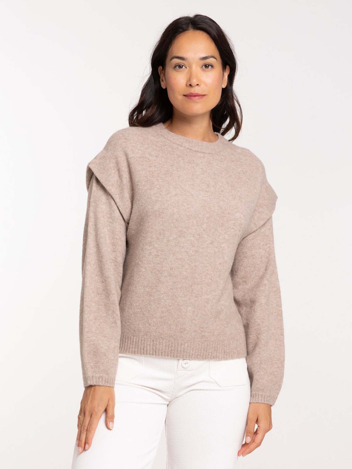Pull col rond beige chiné femme