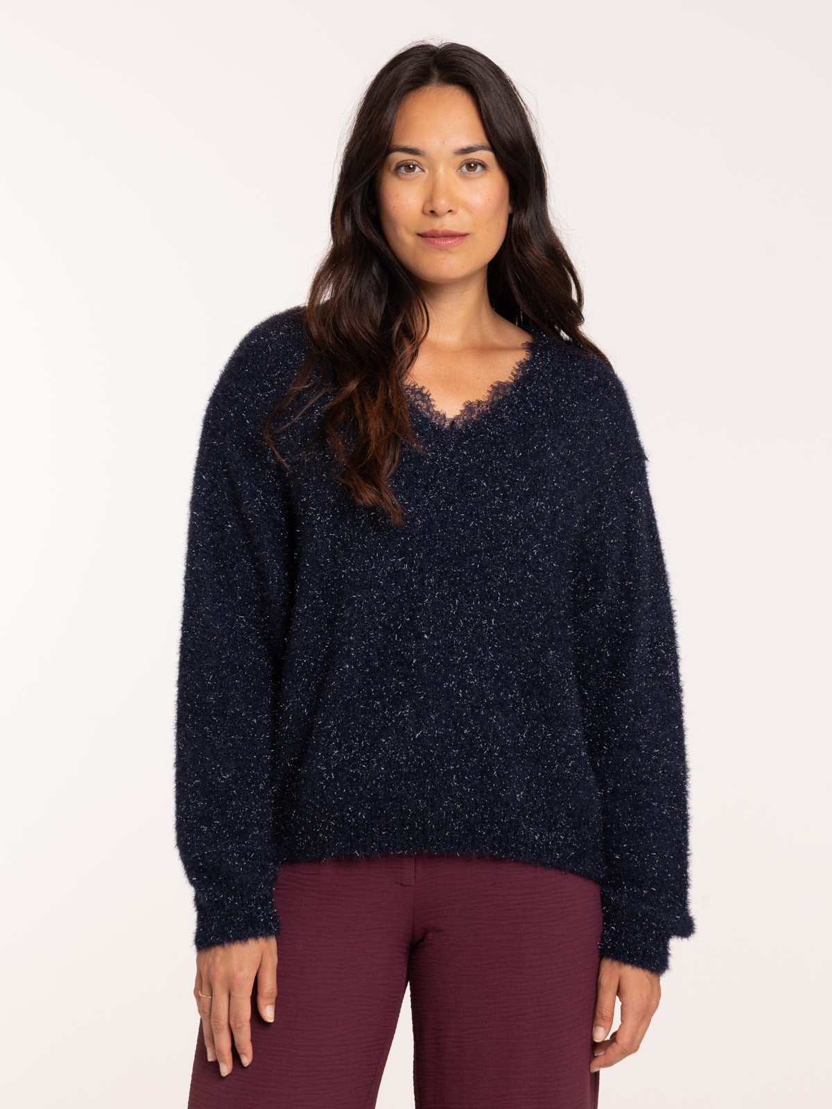 Pull col V dentelle brillant femme Pull col V dentelle brillant femme